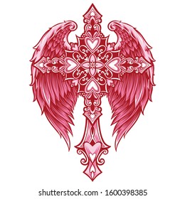 pink cross with heart ornament vector