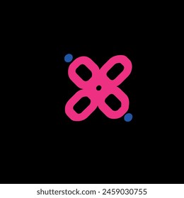 pink cross sign and blue circles next to it