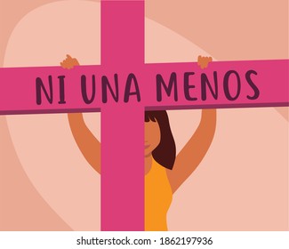 Pink cross that symbolizes femicides, with the legend "ni una menos" meaning, "no one more". Used during protests against femicides. Vector illustration. 