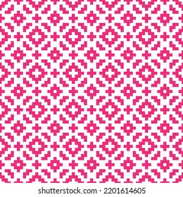 Pink cross-stitch knitting pattern on white background. Pink square dots on white backdrop. Monochrome fabric pattern design for sale. Knitting handicraft art.