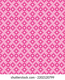Pink cross-stitch knitting pattern on light pink background. Pink square and white dots on light pink backdrop. Monochrome fabric pattern design for sale. Knitting handicraft art.