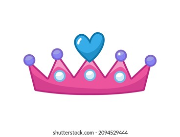Pink crown with a blue heart and pearls. Princess tiara. Vector illustration of an accessory in a cartoon children's style. Isolated cute clipart on a white background. Colored art with an outline