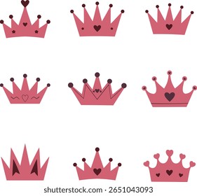 Pink Crown Illustrations with Heart Accents – Cute Royalty and Princess Design Elements