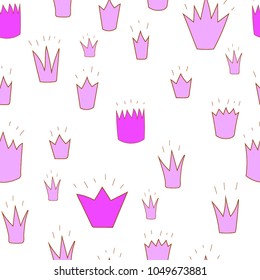 pink crowns of different shapes on white background, modern seamless pattern