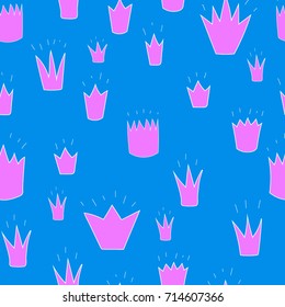 pink crowns of different shapes on a blue background, drawn in a naive style, children's drawing. Freehand drawing vector  with doodles. modern seamless pattern.
