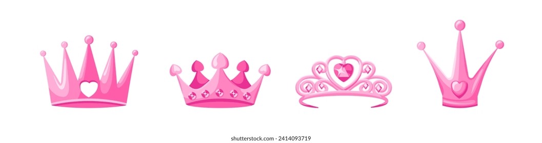 Pink crowns and tiaras set. Luxurious jewelry for queens and princes with hearts monarchical design and vintage gemstones with royal vector style