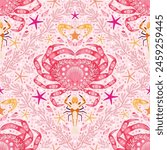 pink crustaceans seamless pattern, marine animals and coral background. crab, emperor shrimp, shell, conch, starfish, pearl illustration. good for fabric, fashion design, textile, wallpaper, wrapping