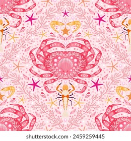 pink crustaceans seamless pattern, marine animals and coral background. crab, emperor shrimp, shell, conch, starfish, pearl illustration. good for fabric, fashion design, textile, wallpaper, wrapping