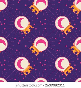 Pink Crystal Ball Pattern – Seamless vector design featuring crystal balls with crescent moons on a deep purple background with glowing stars. 