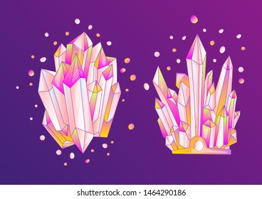 Pink crystal, cartoon cute vector Quartz illustration. Quartz Crystal druse, pink princess grain on violet background. Cartoon pink cute semiprecious stones of Quartz.