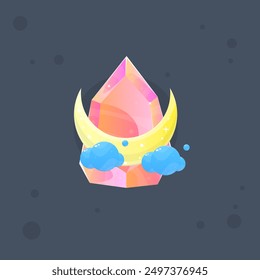 Icono esotérico mágico del juego de la gema del cristal rosado con la luna y las nubes diseño aislado del Vector