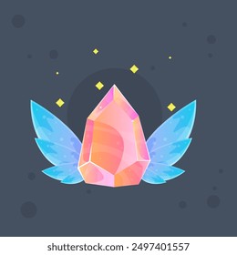 Gema De Cristal Rosa Magia Juego Esotérico Twitch Kawaii Icon Badge Con Estrellas Brillantes Y Alas De Hadas Diseño De Vector Aislado