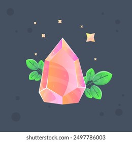 Icono de juego esotérico mágico de la gema del cristal rosado con las ramas verdes y las estrellas diseño de Vector aislado