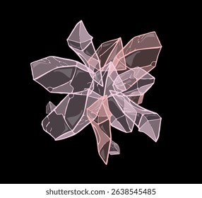 Pink crystal quartz cluster growing on a black background, forming a beautiful and intricate pattern, perfect for representing concepts related to geology, minerals, and natural beauty