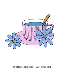 Pink cup of blue matcha tea with flowers lying next to it. Vector illustration in doodle style.