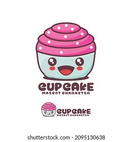 pink cup cake cartoon mascot, with a happy expression, suitable for, logos, prints, stickers, etc, isolated on a white background.
