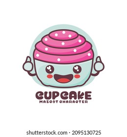 pink cup cake cartoon mascot, suitable for, logos, prints, stickers, etc, isolated on a white background.