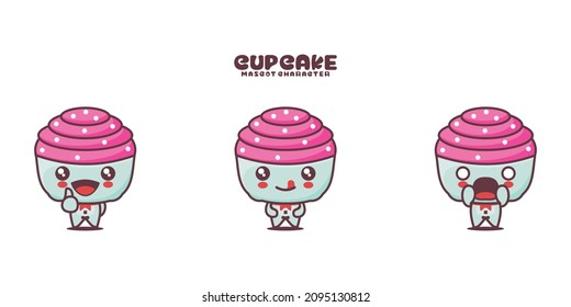 pink cup cake cartoon mascot, with different expressions, isolated on a white background.