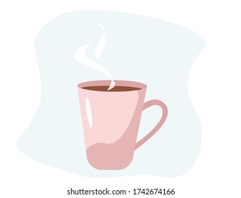 Pink Cup of Coffe or Tea with Smoke. Flat Vector Illustration
