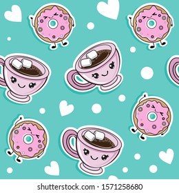 Pink cup with coffee and donut seamless pattern on a blue background