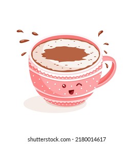 Pink cup of coffee with foam and cheerful face. Vector illustration of espresso, cappuccino, latte, raf with milk.
