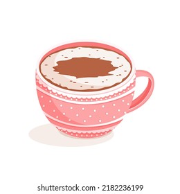 Pink cup of coffee with foam. Vector illustration of espresso, cappuccino, latte, raf with milk.