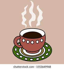 pink cup of coffee with a green saucer from which steam comes, color illustration on a rose background in cartoon style