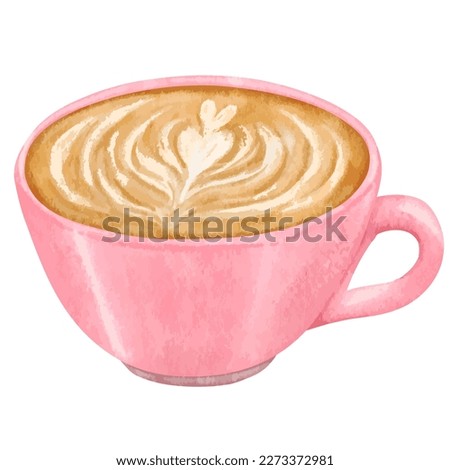 A Pink Cup of Coffee with Latte Art watercolor illustration isolated on white background