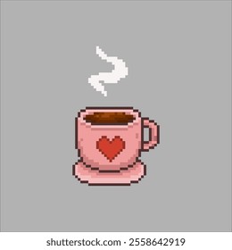 Pink cup of coffee, romantic pixel art