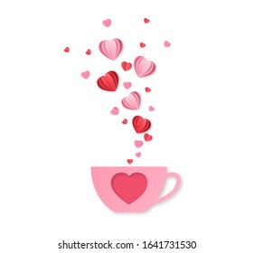 Pink cup with a drink. The scent of a love potion. Layered hearts. Concept in the style of paper cut. Vector illustration