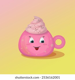 pink cup with foam. funny illustration