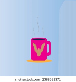 La taza rosa delante del fondo y el patrón de murciélago marrón delante de ella