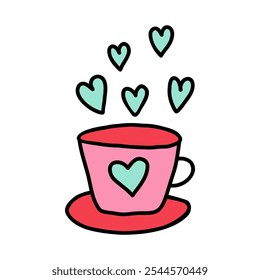 Pink cup with heart design on a saucer, flying hearts instead of steam in doodle style isolated on white background. Hand drawn cute cup for Valentine's Day, wedding. Love and warmth with charming cup