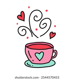 Pink cup with heart design and swirling hearts instead of steam in doodle style isolated on white background. Hand drawn cute cup for Valentine's Day, weddings. Love and celebration with charming cup