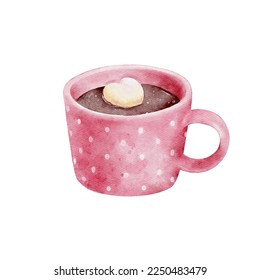 Pink cup of hot chocolate drink with heart shaped marshmallow. Valentines day concept.