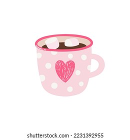 Pink cup of hot chocolate with zephyr. Vector stylized clipart for greeting cards, wedding invitations, party, birthday cards. Valentine’s day concept illustration.