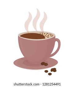 Pink Cup with hot coffee and coffee bean. Design, element isolated on white-Vector.