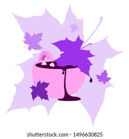 Pink cup with hot drink and marshmallows. Pink maple leaves around the cup.