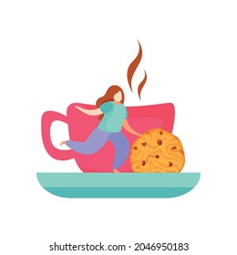 Pink cup of hot tea biscuit and human character flat icon vector illustration