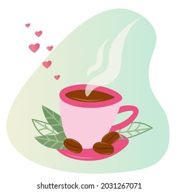The pink cup icon. Flat coffee mug with coffee beans and leaves. Hot steam in the form of love hearts. Decorative vector composition for Valentine's Day. Designer coffee. Catering business.