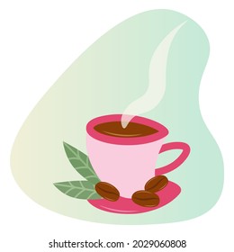 El icono de la taza rosa . Bolas planas de café caliente con granos de café recién hechos y un par de hojas. Ilustración vectorial aislada decorativa sobre un fondo transparente. Café de diseño. El negocio de la restauración.