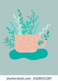 A pink cup with leaves on the background on green background vector for branding package, fabric print, wallpaper, social media post, doodle, notes, book covers, wall decor.