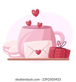 Pink cup, love letter, macaroni and gift. Vector illustration of Valentine's Day. for greeting cards, print, websites and more.
