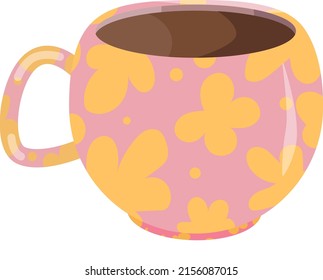 Pink cup with a print of yellow kaites, with coffee, tea or cocoa