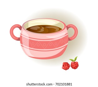 Pink cup with small pattern, two handles and sweet raspberry