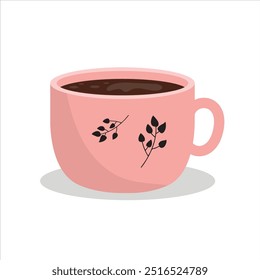 pink cup of tea with blacl flowers