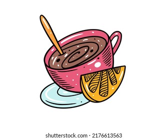 Pink cup with tea or coffee and lemon slice colorful vector art illustration