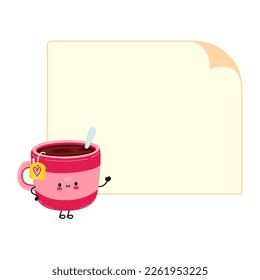 Pink cup of tea poster character. Vector hand drawn cartoon kawaii character illustration. Isolated white background. Pink cup of tea and poster