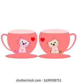 Pink cup of tea with red heart and cat cartoon  pattern design. Vector illustration cut animal style.