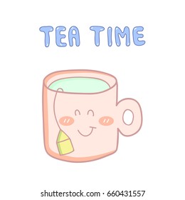 Pink cup, with the tea time words, isolated on white background